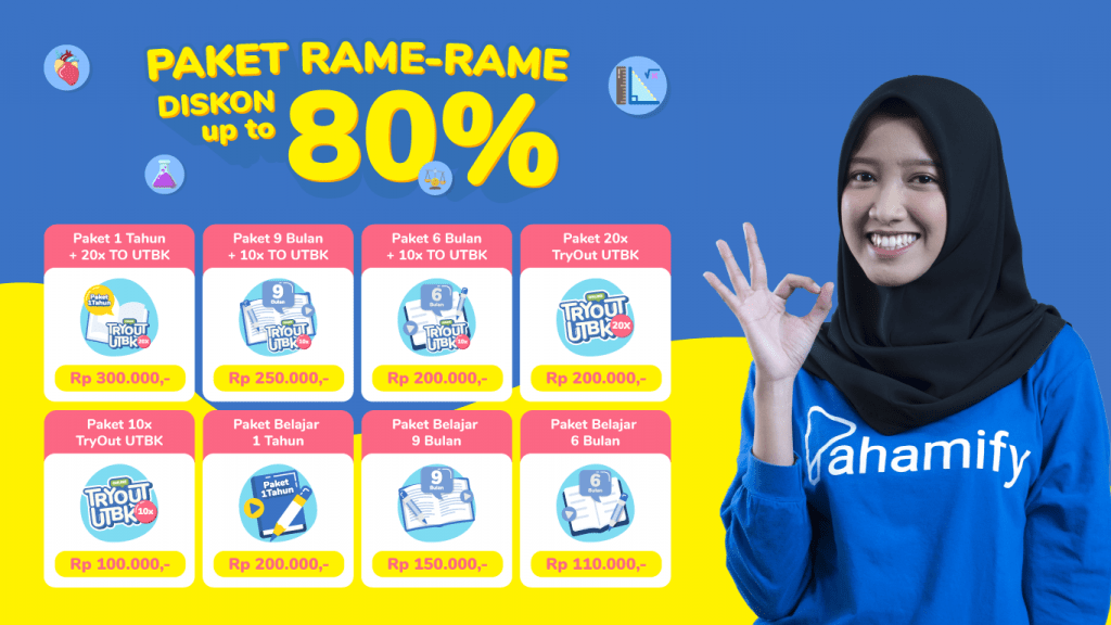 Promo Paket Rame-Rame! Pahamify. Diskon 80 persen untuk semua paket belajar online Pahamify.